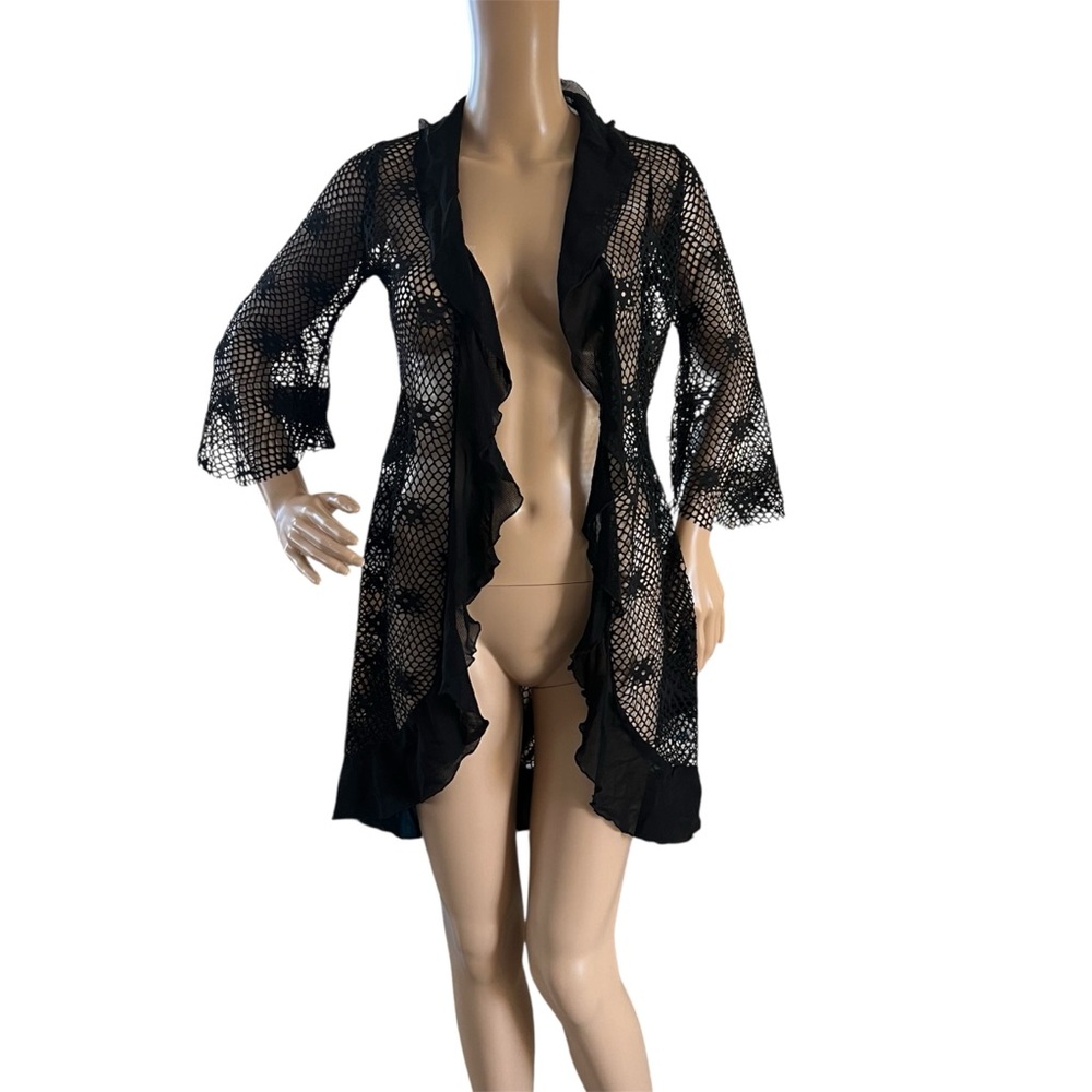 T Collection black crochet lace duster ruffled trim cover-up